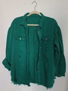 Distressed Green Button-Up Shacket